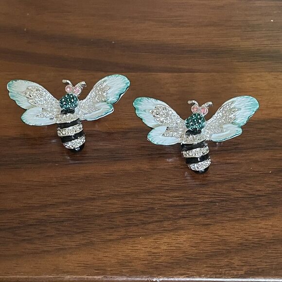 Vintage Retro Teal Enamel Fly Bee Insect Rhinestone Pin Brooch Lot‎ Of 2 - Picture 1 of 5